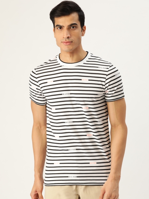 

Jack & Jones Men White & Black Slim Fit Striped Round Neck T-shirt