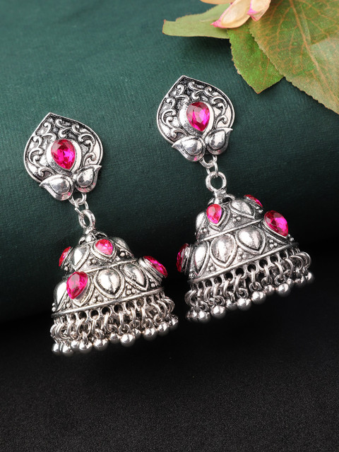 

Rubans Oxidised Silver-Toned & Pink Handcrafted Classic Jhumkas