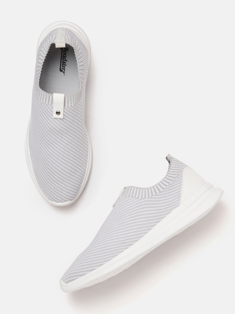

Roadster Men Grey & White Striped Slip-On Sneakers
