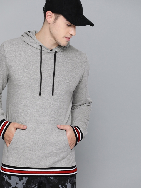 

SINGLE Men Grey Melange Solid Hooded Sweatshirt