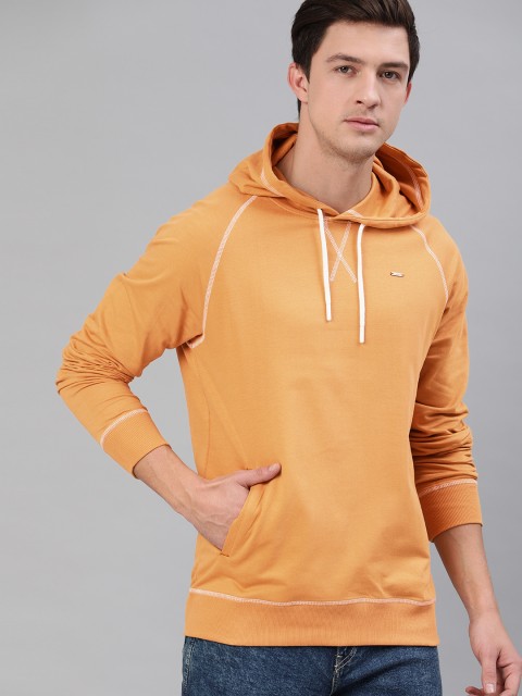 

SINGLE Men Mustard Yellow Solid Hooded Pullover Sweatshirt