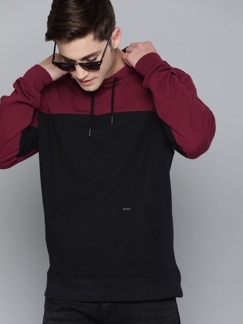 

SINGLE Men Black & Maroon Colourblocked Hooded Sweatshirt
