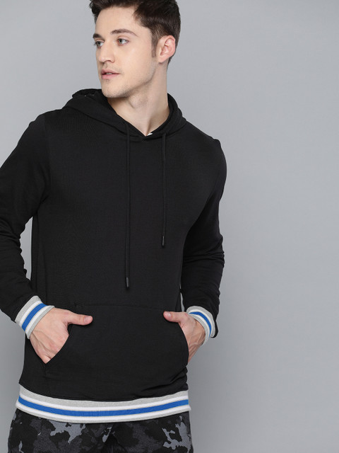 

SINGLE Men Black Solid Hooded Sweatshirt