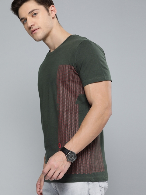 

SINGLE Men Olive Green & Red Printed Round Neck T-shirt