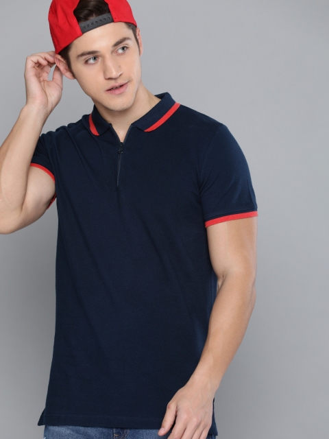 

SINGLE Men Navy Blue Solid Polo Collar T-shirt