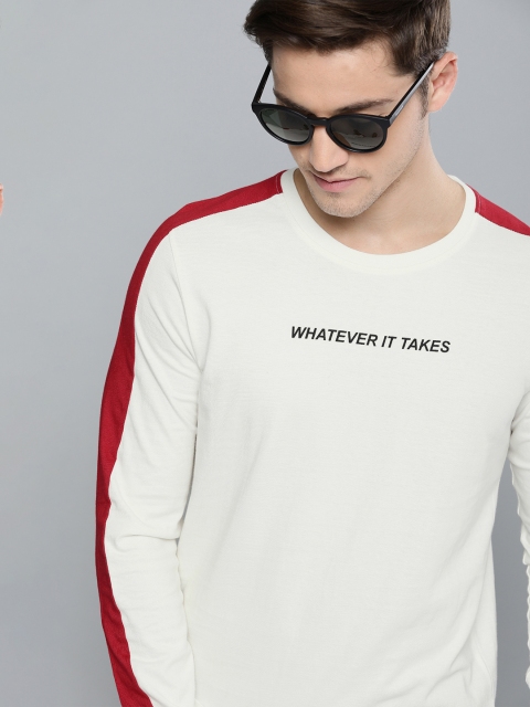 

SINGLE Men White Solid Round Neck T-shirt With Printed Detailing