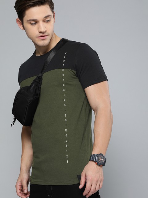 

SINGLE Men Olive Green & Black Colourblocked Round Neck T-shirt