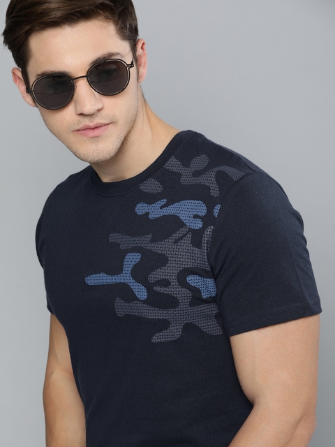 

SINGLE Men Navy Blue Printed Round Neck T-shirt