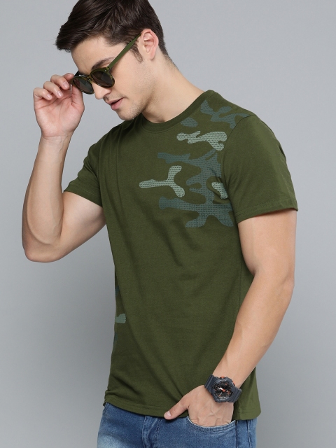 

SINGLE Men Olive Green Printed Round Neck Pure Cotton T-shirt