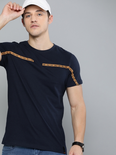 

SINGLE Men Navy Blue Solid Round Neck T-shirt With Applique Detailing