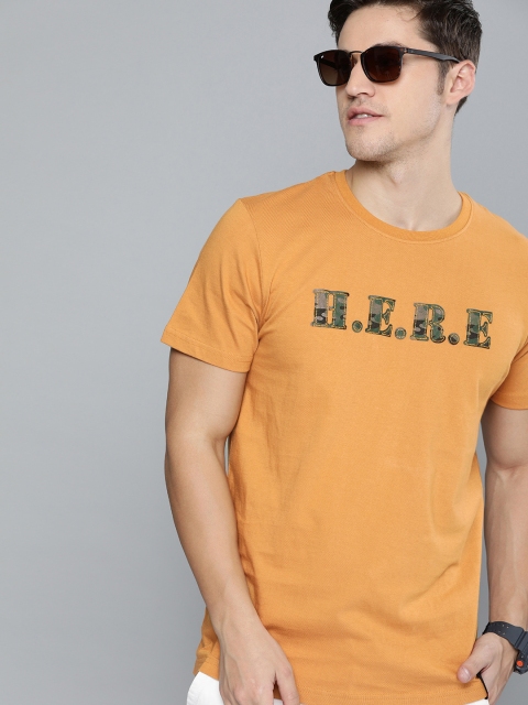 

SINGLE Men Mustard Yellow Printed Round Neck T-shirt