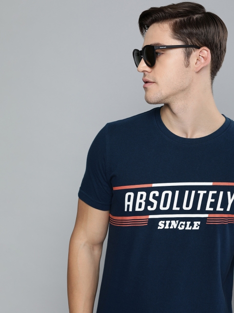 

SINGLE Men Navy Blue Printed Round Neck T-shirt