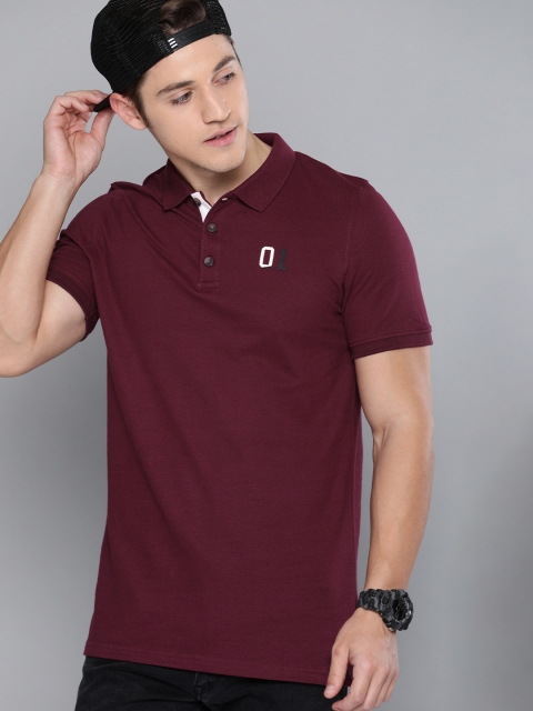 

SINGLE Men Burgundy Solid Polo Collar Pure Cotton T-shirt