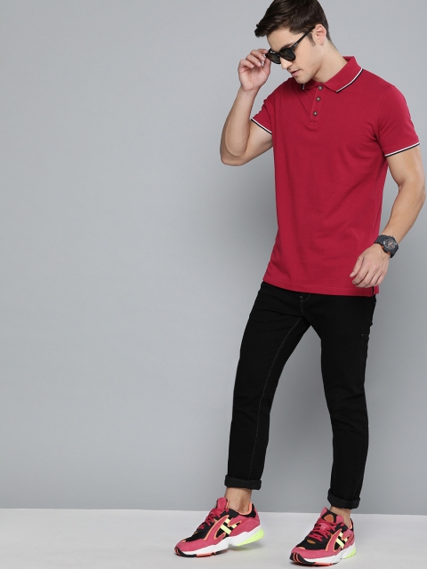 

SINGLE Men Red Solid Polo Collar Regular Fit T-shirt