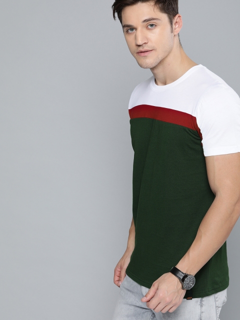 

SINGLE Men Olive Green& White Colourblocked Round Neck T-shirt