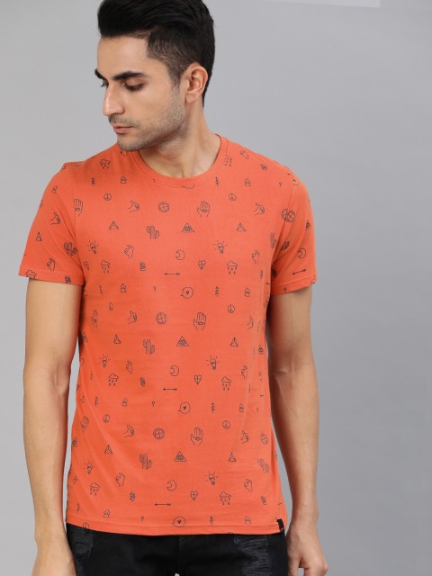 

SINGLE Men Orange Slim Fit Printed Round Neck T-shirt
