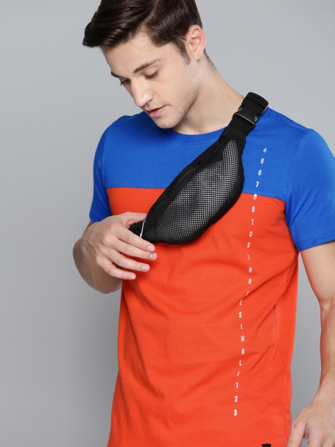 

SINGLE Men Blue & Orange Colourblocked Round Neck T-shirt