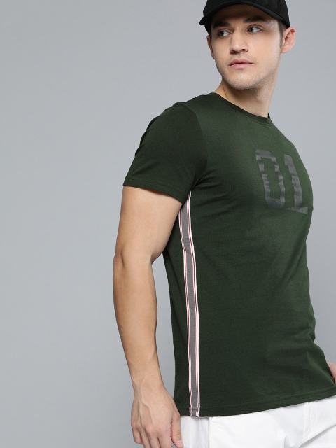 

SINGLE Men Olive Green Printed Round Neck T-shirt With Side Stripes