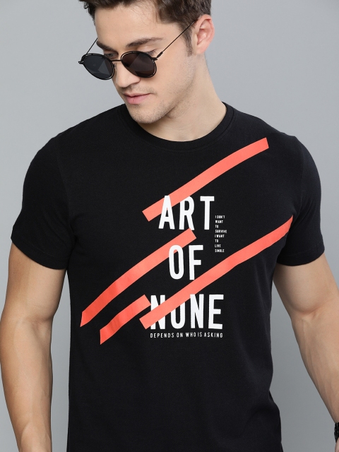 

SINGLE Men Black Printed Round Neck T-shirt