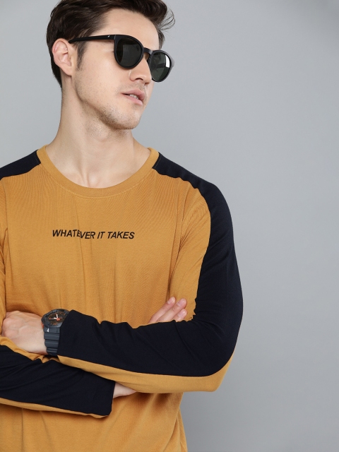 Men Mustard Yellow Solid Round Neck Pure Cotton T-shirt With Printed Detail