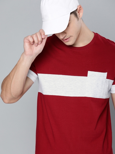 

SINGLE Men Red Grey Melange Slim Fit Colourblocked Round Neck Pure Cotton T-shirt