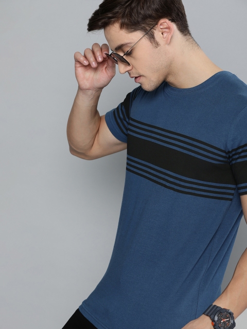

SINGLE Men Teal Blue Striped Round Neck T-shirt