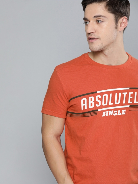 

SINGLE Men Orange Printed Round Neck T-shirt