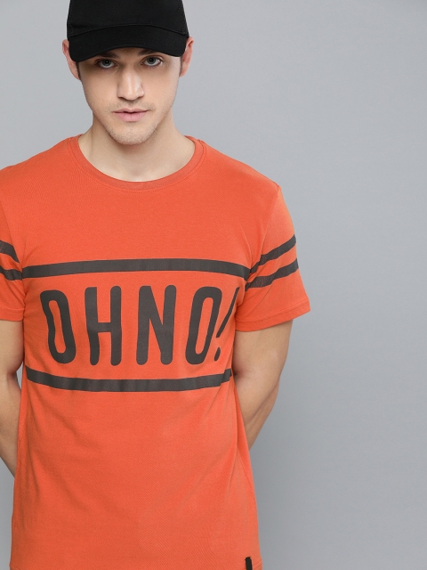 

SINGLE Men Orange Printed Round Neck T-shirt