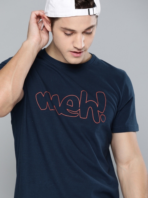

SINGLE Men Navy Blue Printed Round Neck Pure Cotton T-shirt