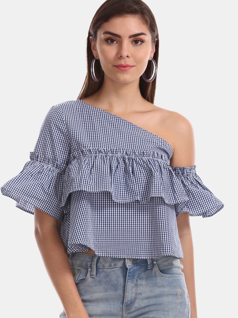 

Flying Machine Women Black & White One Shoulder Checked Top