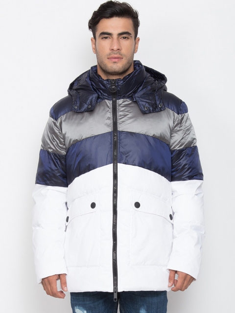 

Antony Morato Men White & Blue Colourblocked Hooded Puffer Jacket