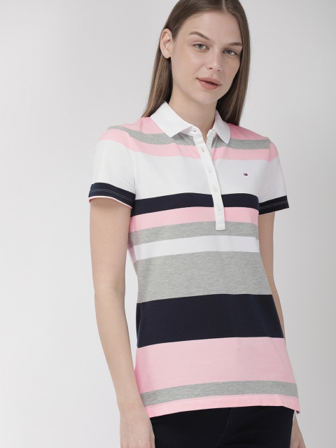 

Tommy Hilfiger Women Pink & White Striped Polo Collar T-shirt