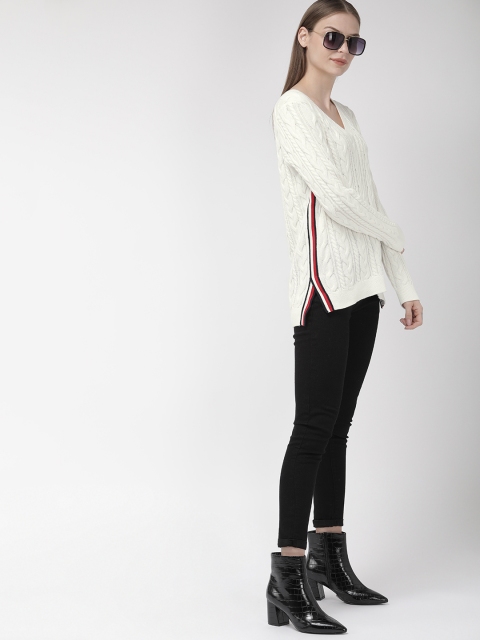 

Tommy Hilfiger Women White Self Design Pullover Cable Knit Sweater