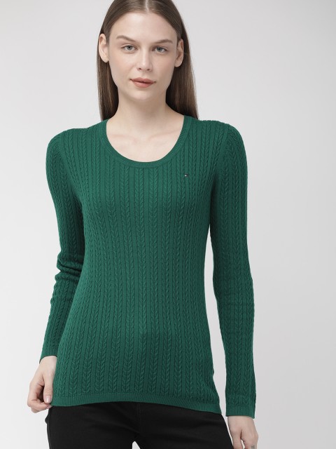 

Tommy Hilfiger Women Green Self Design Pullover Cable Knit Sweater
