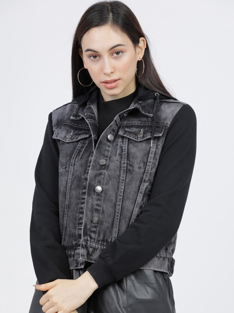 Women Black Solid Denim Jacket