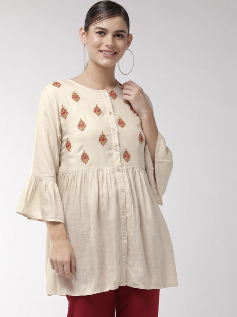 

InWeave Women Off-White & Red Embroidered Detail A-Line Top