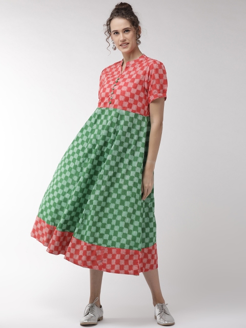 

InWeave Women Green & Red Checked A-Line Dress
