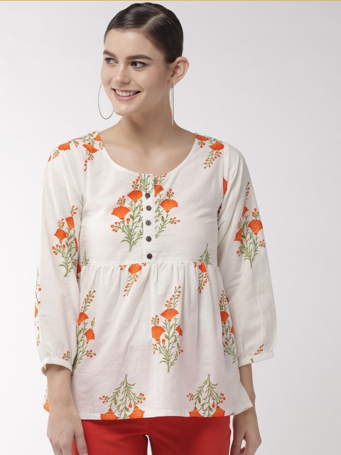 

InWeave Women White & Orange Floral Print A-Line Top