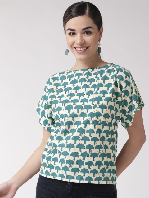 

InWeave Women Cream-Coloured & Blue Printed Regular Top