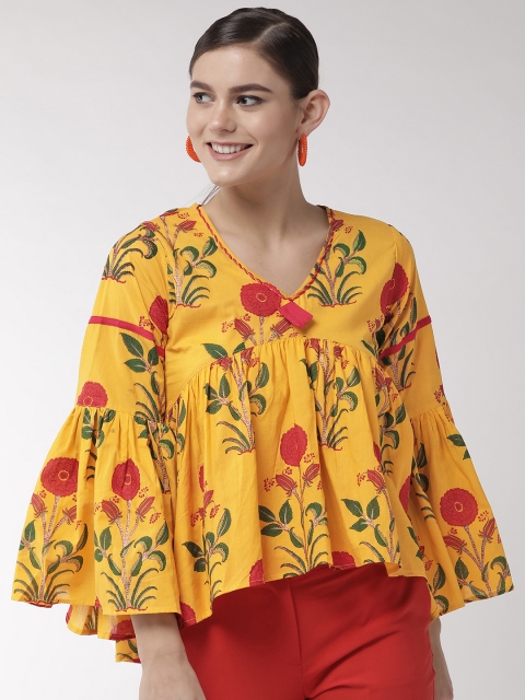 

InWeave Women Mustard Yellow & Red Ethnic Floral Print A-Line Top
