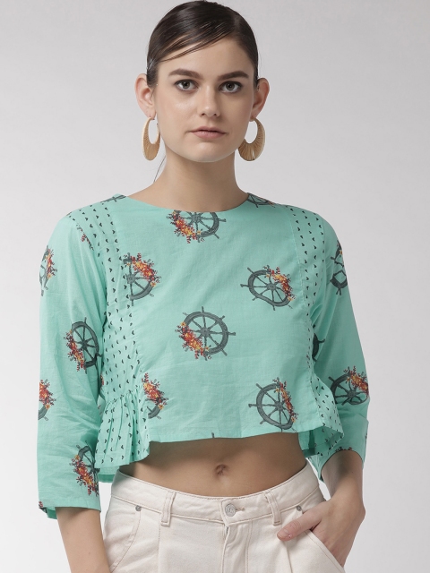 

InWeave Women Sea Green & Charcoal Grey Conversational Printed Crop Top, Turquoise blue