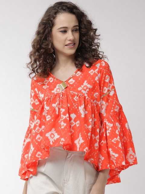 

InWeave Women Orange & White Printed A-Line Top