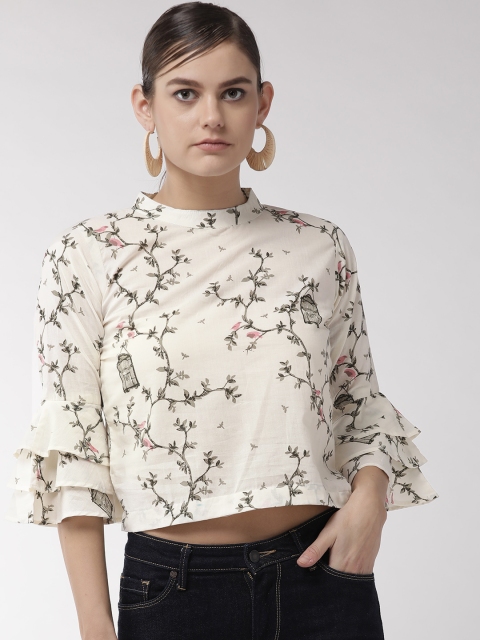 

InWeave Women Off-White & Olive Green Floral Printed Crop Top
