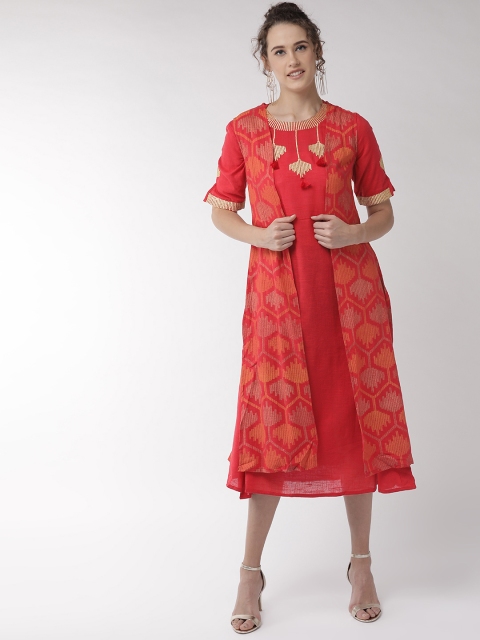 

InWeave Women Red Solid A-Line Dress with Printed Layer