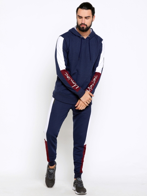 

Maniac Men Navy Blue & Maroon Colourblocked Pure Cotton Slim-Fit Tracksuit