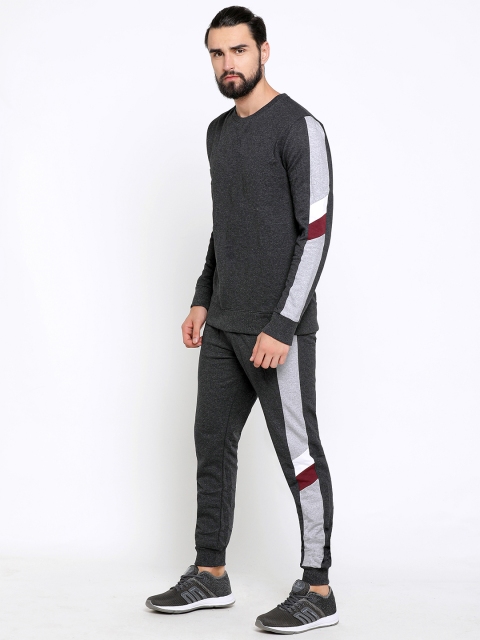 

Maniac Men Charcoal Grey Melange & Maroon Colourblocked Pure Cotton Slim-Fit Tracksuit