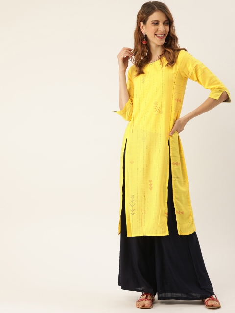 

IMARA Women Yellow & Grey Printed Straight Fusion Kurta With Slit Sleeves