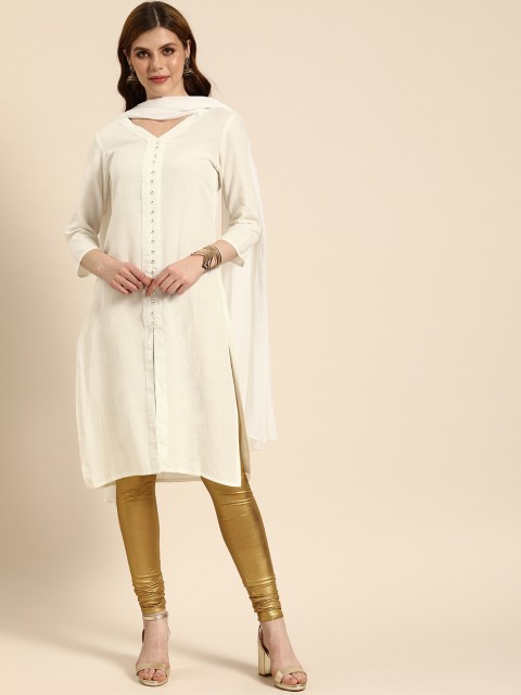 

IMARA Women White Solid Kurta with Leggings & Dupatta