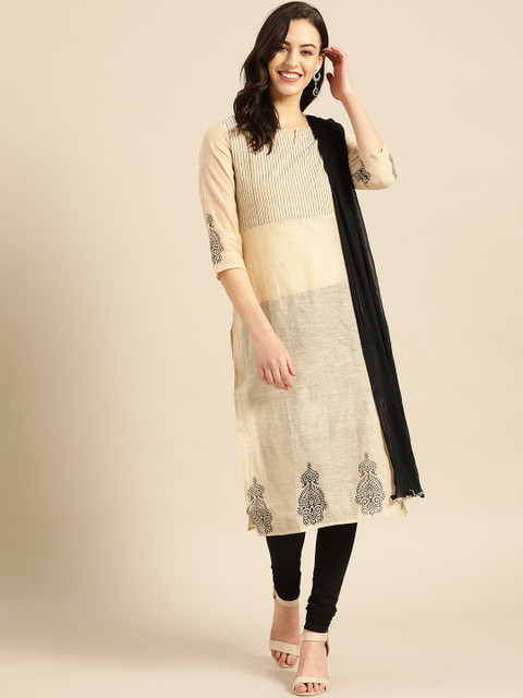 

IMARA Women Beige & Black Yoke Design Kurta with Churidar & Dupatta
