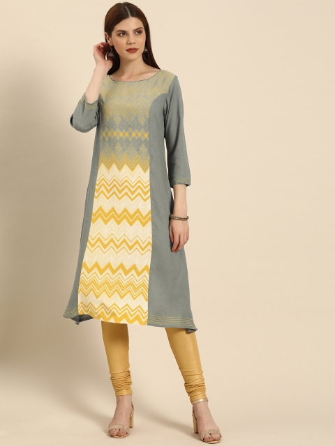 

IMARA Women Grey & Yellow Printed A-Line Kurta